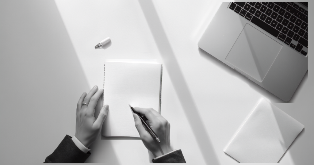 Mãos escrevendo em um caderno ao lado de um notebook, durante o planejamento da busca de emprego
