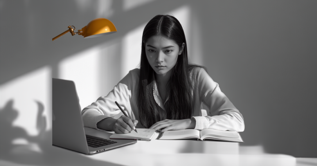 Estudante concentrada escrevendo em um caderno, com notebook aberto na mesa