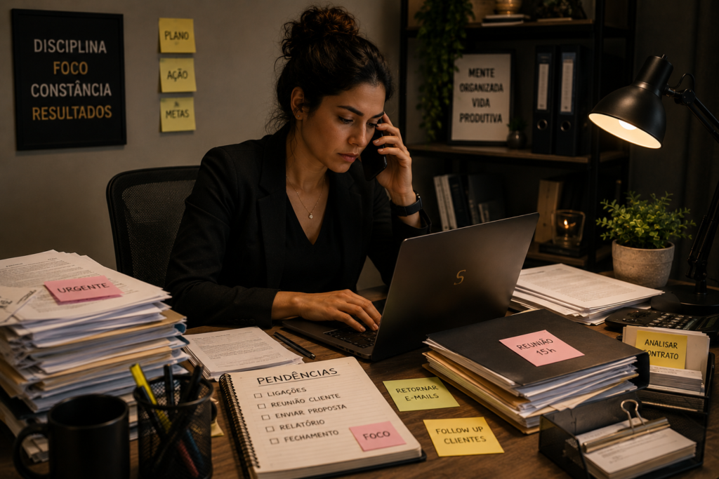 Mulher em ambiente de escritório ao telefone enquanto digita no notebook, cercada de pilhas de papéis e pastas, com um bloco de "Pendências" e post-its de tarefas urgentes na mesa, ilustrando a diferença entre estar ocupado o dia inteiro e realmente avançar.