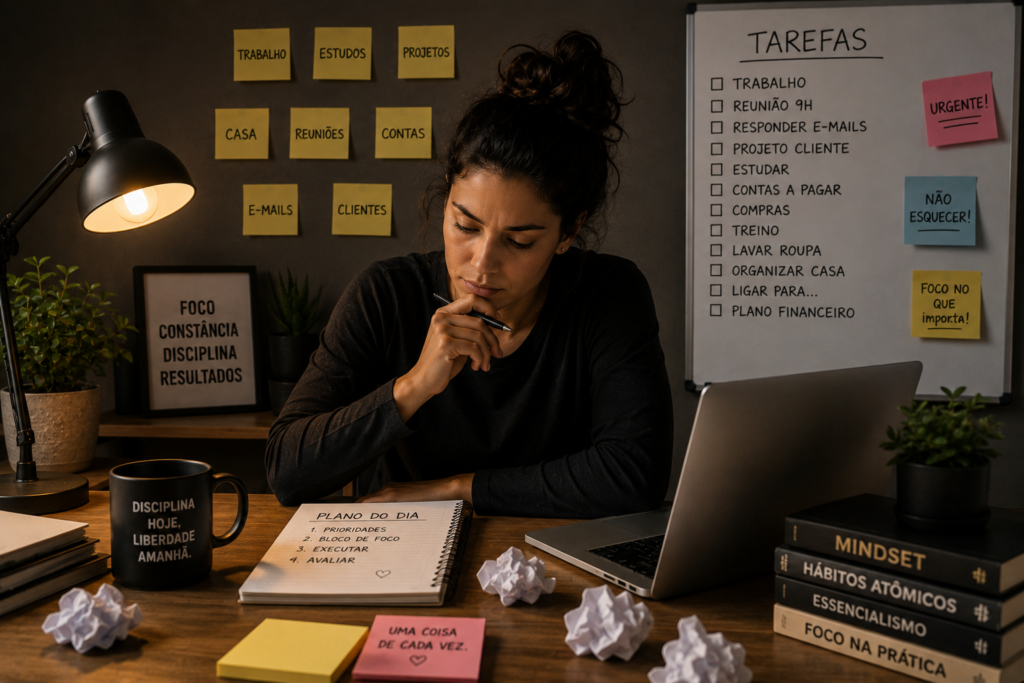 Mulher pensativa em mesa de trabalho cercada por post-its de tarefas (trabalho, estudos, projetos, casa, reuniões, contas) e um quadro de tarefas ao fundo, refletindo a sensação de sobrecarga ao tentar dar conta de tudo.