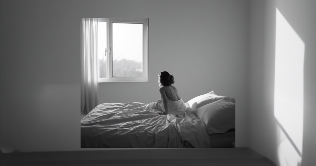 Pessoa acordando ao amanhecer, sentada na cama olhando pela janela