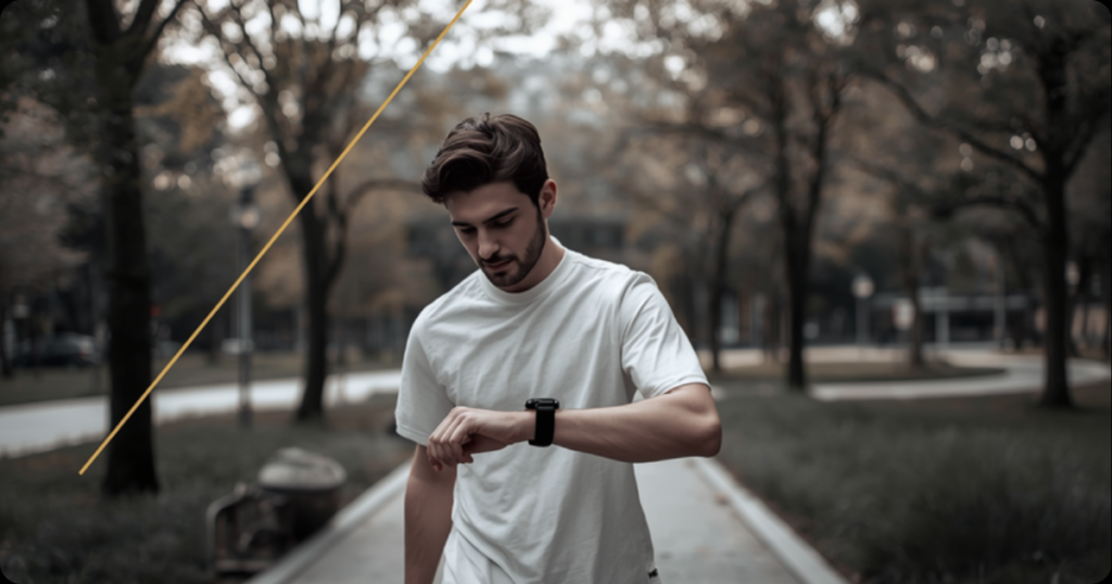 Pessoa caminhando ao ar livre conferindo uma smartband no pulso