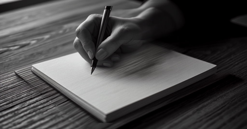 Mão escrevendo com caneta em um caderno em branco sobre uma mesa de madeira, durante uma sessão de estudo